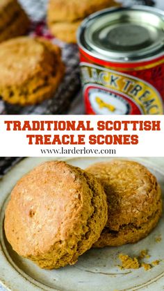 traditional scottish treat scones on a plate next to a can of beer and some other food