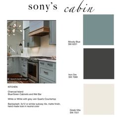 the color scheme for this kitchen is blue and gray