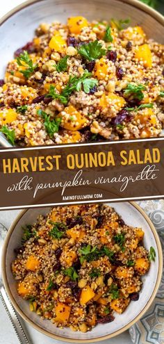 a bowl filled with rice and vegetables next to a sign that says harvest quinoa salad