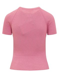 Crew neck t-shirt. Ribbed collar. Flowers embroidered on the front.Composition: 50% Cotton, 35% Viscose, 8% Polyamide, 7% Metal Classic Pink Top With Ribbed Collar, Summer V-neck Tops With Ribbed Collar, Pink Ribbed Crew Neck T-shirt, Spring Short Sleeve Top With Ribbed Crew Neck, Pink Fitted Fine Knit Top, Spring Short Sleeve Tops With Ribbed Neckline, Pink Tops With Ribbed Collar For Spring, Spring T-shirt With Ribbed Neckline, Fitted T-shirt With Ribbed Neckline For Spring