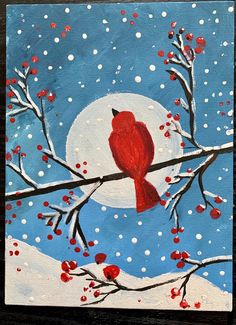 a painting of a red bird perched on a tree branch with snow falling off the branches