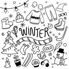 the word winter surrounded by hand drawn doodles and christmas related items in black and white