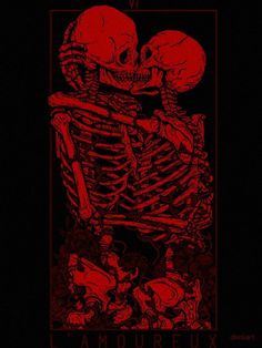 a red poster with a skeleton hugging it's head in front of a black background