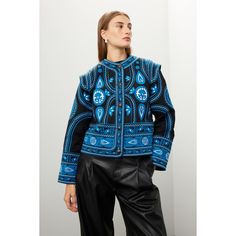 Blue printed cotton (88% Cotton, 12% Flex. Combo: 100% Cotton). Jacket. Long sleeves. Crewneck. Front button closure. 24" from shoulder to hemline. Imported. Embroidered Cotton Outerwear For Work, Sea New York, Rent The Runway, Jacket Long, Closet Designs, Cotton Jacket, Printed Cotton, Long Sleeves, Crew Neck