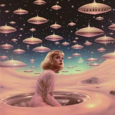 a woman is sitting in the water surrounded by flying saucers and floating objects above her