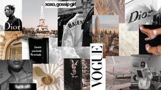 the collage shows many different things in black and white, including an advertisement for dior