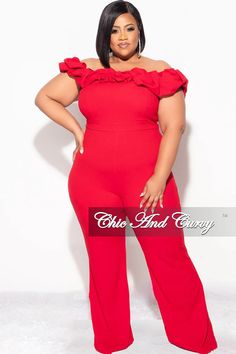 Final Sale Plus Size Off the Shoulder Ruffle Trim Jumpsuit in Red – Chic And Curvy Pantsuit Outfit, Mesh Panel Dress, Stretch Jumpsuit, Chic And Curvy, Wrap Jumpsuit, Ruffle Jumpsuit, One Shoulder Jumpsuit, Jumpsuit Outfit, Cocktail Attire