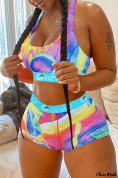 Olivia Mark - Multicolor Womens Sleeveless Two-Piece Sportswear Vest Set with U Neck and Print Design Ethika Womens Outfit, Clothes Design Inspiration, Belly Photos, Half Sleeve Jumpsuit, Cozy Wear, Solid Color Jumpsuits, Womens Outfit, Sleeveless Suit, Chill Fits