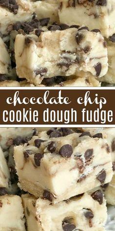 chocolate chip cookie dough fudge bars stacked on top of each other with text overlay