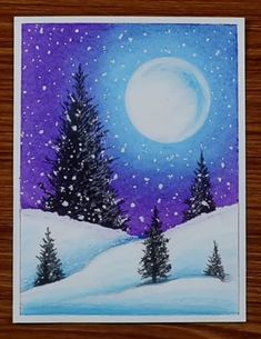 a painting of trees in the snow at night