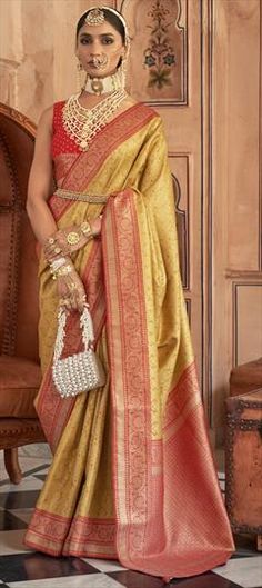 Orange color Saree in Banarasi Silk fabric with Weaving, Zari work Gold Dupatta With Zari Weaving For Reception, Gold Banarasi Silk Traditional Wear For Reception, Gold Traditional Wear With Motifs For Reception, Reception Banarasi Silk Saree With Motifs, Banarasi Silk Saree With Motifs For Reception, Brocade Saree With Motifs For Reception, Art Silk Traditional Wear With Self Design For Receptions, Art Silk Traditional Wear For Reception With Self Design, Reception Traditional Wear In Art Silk With Self Design