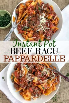 instant pot beef ragu with parmesan cheese on top in two white bowls