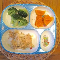 a blue and white plate topped with different types of food on top of a wooden table