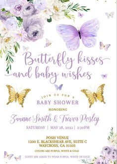 a baby shower is shown with butterflies and flowers on the front, and purple watercolors in the back