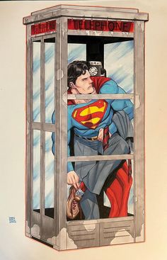 a drawing of a man in a phone booth with superman on his face and the words telephone