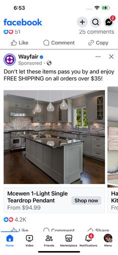 the facebook page shows two photos of kitchen cabinets and an image of a counter top