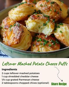 a bowl filled with baked potato puffs on top of a table