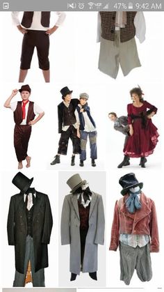 many different types of clothes and hats are shown on this page, including men's clothing