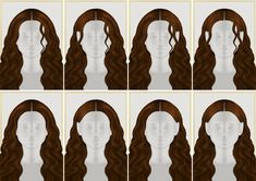 six different views of a woman's head with long, wavy hair and bangs