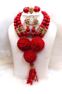 Beautiful Red Gold New Latest Design African Red Beads Bridal Wedding Jewelry Necklace Set Beads can be customised to your specification and color Comes with Necklace, earring and bracelet