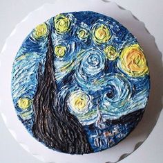 a cake decorated with an image of the starry night