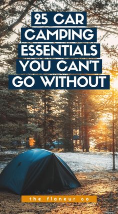 a tent in the woods with text that reads, 25 car camping essentials you can't go without