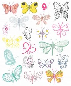 a bunch of different colored butterflies on a white background