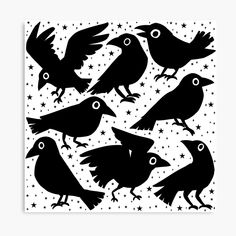 six black birds with stars in the background sticker on a white surface, which is part of a set of nine silhouettes that appear to be drawn by hand