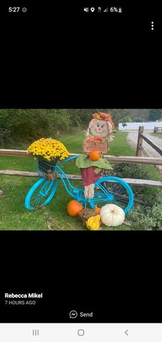 a blue bicycle with flowers and pumpkins in the basket is parked next to a fence