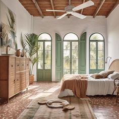 a bedroom with green doors and white walls