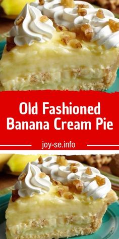 an old fashioned banana cream pie on a plate