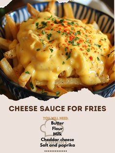 a flyer for cheese sauce for fries with french fries in the middle and chees on top