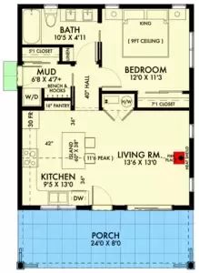 the floor plan for a two bedroom house with an attached kitchen and living room area