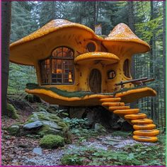 an unusual house in the woods with stairs leading up to it