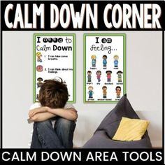 a kid sitting in front of two posters with words on them that say calm down