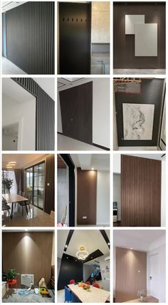 many different pictures of the same room in a house with wood slats on the walls