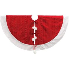 a red and white piece of cloth with tassels hanging from it's sides