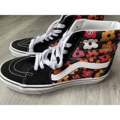 New Without Tags - Vans High Top Sneakers Black With Colorful Flowers Lace Up Women's 10.5 / Men's 9 Black Skate Shoes With Rubber Sole For Spring, Black Slip-on Skate Shoes For Spring, Black High-top Canvas Shoes For Spring, Black Sneakers With Speckled Midsole For Spring, Black Mid-top High-top Sneakers For Spring, Sporty Floral Print Sneakers With Round Toe, Spring Black Mid-top High-top Sneakers, Floral Print High-top Sneakers For Streetwear, Black Canvas Shoes With Speckled Midsole For Spring