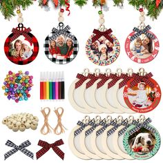 christmas ornament assortment with photo and ribbon