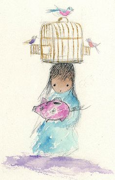 a drawing of a girl with a bird cage on her head holding a pink donut