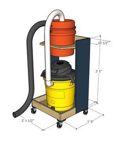 a drawing of a yellow and red vacuum on wheels with the measurements shown below it