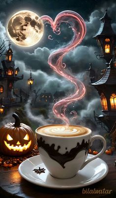 a cup of coffee with steam rising out of it and pumpkins in the background