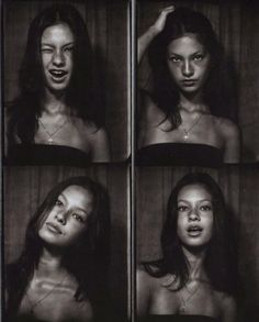 four different pictures of a woman's face and body, all in black and white