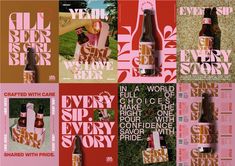 several different types of beer on display in pink and brown paper with images of people