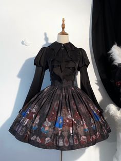 This gothic lolita skirt features a striking print of dark eyeballs and dolls, creating a unique and edgy look. The high waist and bat boning add a touch of drama and flair to the design. The adjustable back waistband ensures a comfortable fit, making it a stylish and versatile addition to any gothic or lolita wardrobe.   	 		 			Size 			S 			M 			L 			XL 		 		 			Waist 			60-68 			66-74 			72-80 			78-86 		 		 			Full Length (Short / Long) 			59/72 			60/73 			61/74 			62/75 		 		 			Hem Circumference (Short / Long) 			280/260 			280/260 			280/260 			280/260 Steampunk Fashion Female, Steampunk Fashion Male, Gothic Skirts, Lolita Outfits, Black Doll, Outfits With Hats, Edgy Look, Short Long, Fantasy Clothing