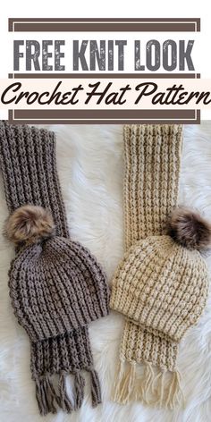 two knitted hats and scarfs laying on top of a white furnishing