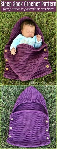 a baby sleeping in a purple crochet blanket on the grass with text overlay that says, sleep sack crochet pattern