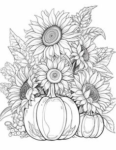 a vase filled with sunflowers and pumpkins