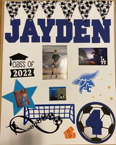 a bulletin board with pictures and sports related items in blue, white, and black