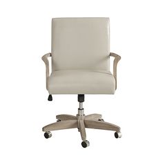 a white office chair with wheels and casteors on an isolated white background, viewed from the front